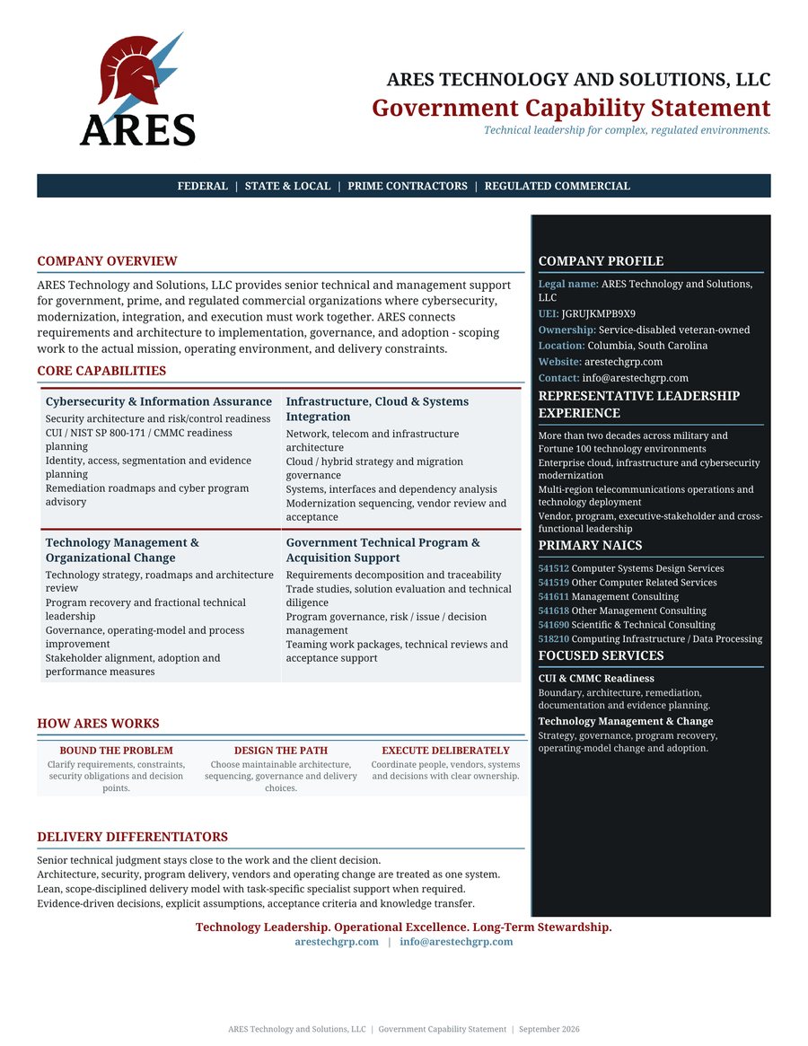 Preview of the ARES Technology and Solutions capability statement